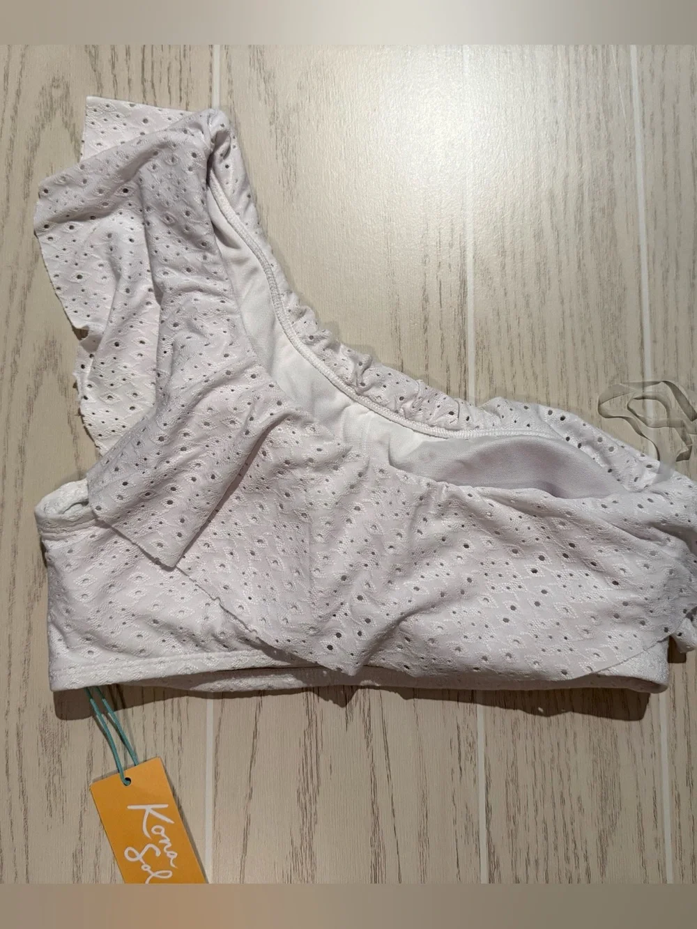 Kona Sol White Eyelet One Shoulder Ruffle‎ Bikini Top NWT